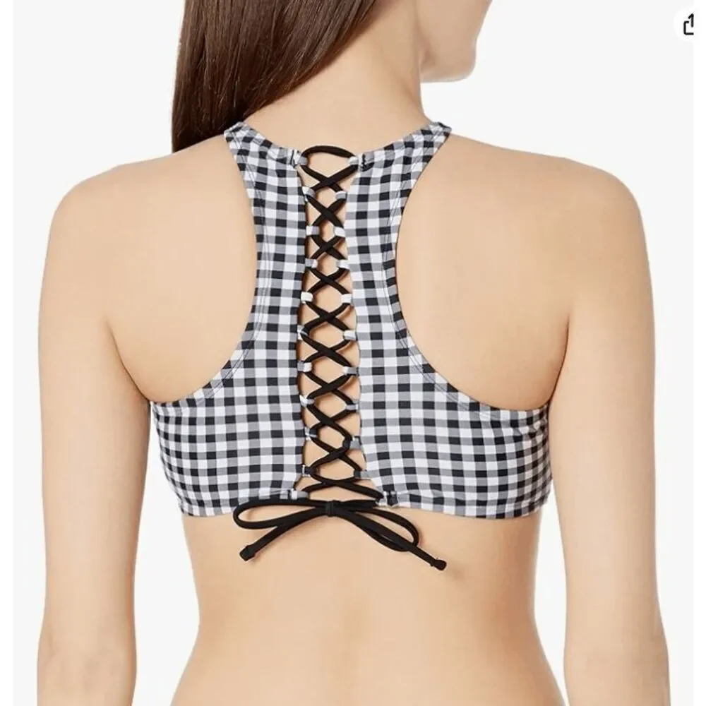 Betsey Johnson size L swim bikini top Gingham black/ white